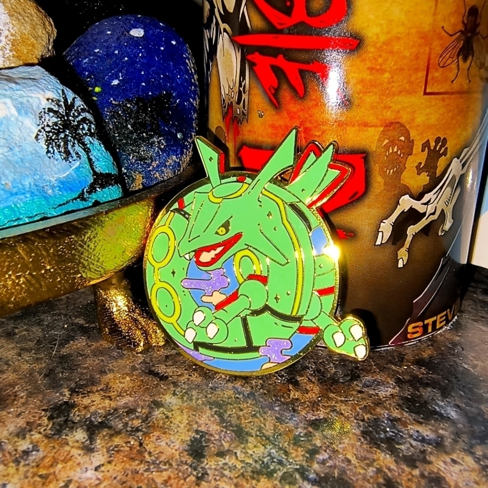 Green and Purple Enamel Pin raiquaza pokemon large lizard anime collectors Anime